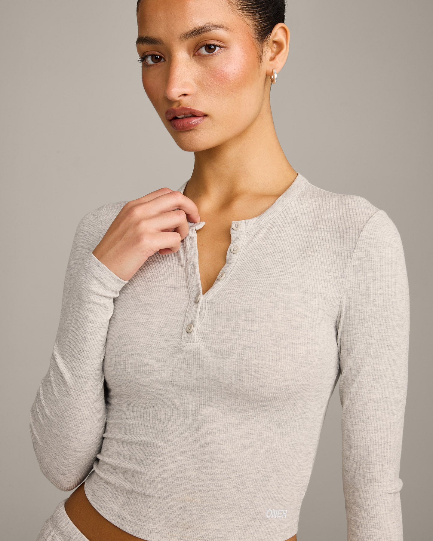 Oner At Home Night Button Down Long Sleeve Top | Oat Marl - Image 3