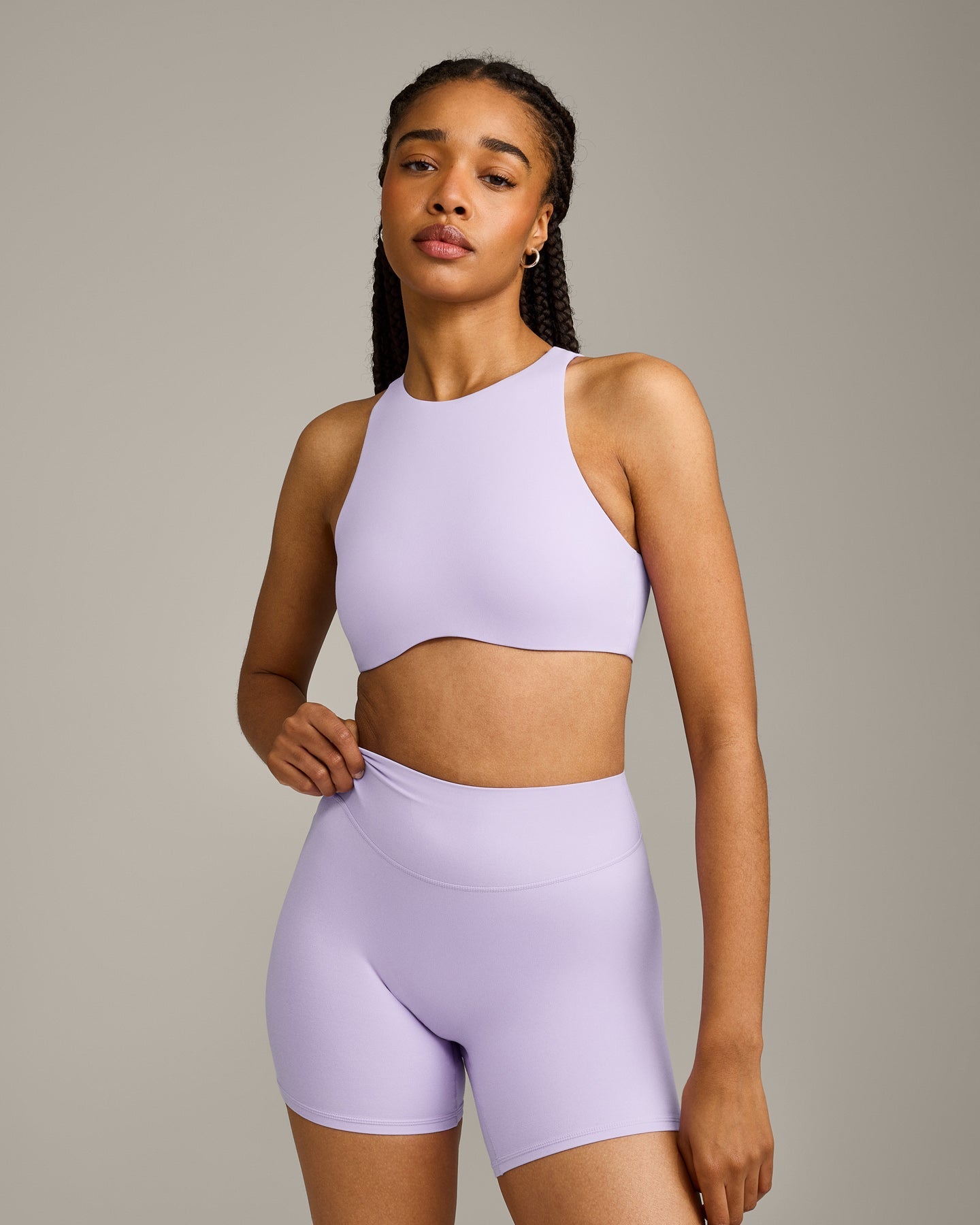 SoftMotion High Neck Sports Bra with Grey Logo | Lavender Purple