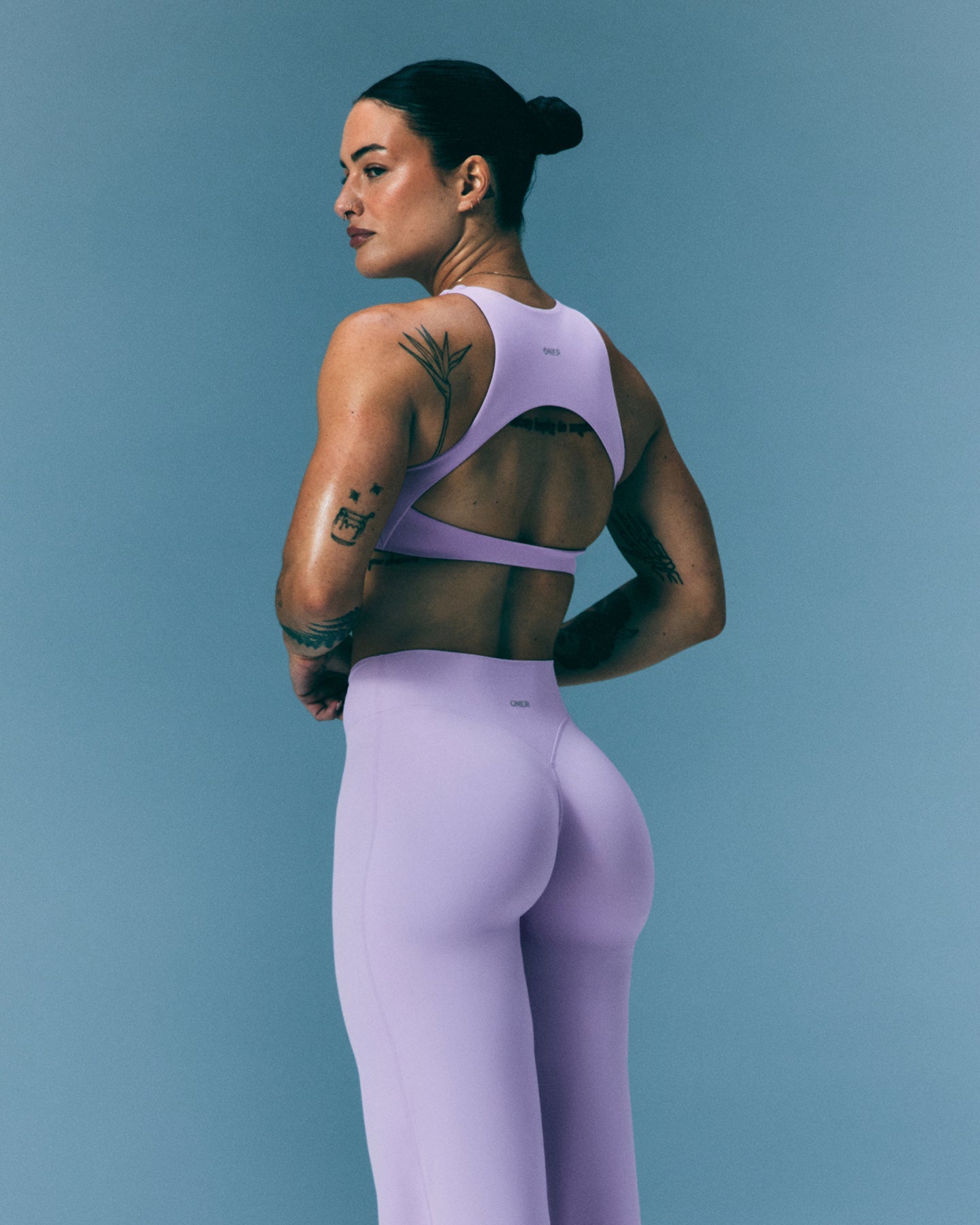 Alternative view of SoftMotion High Neck Sports Bra with Grey Logo | Lavender Purple