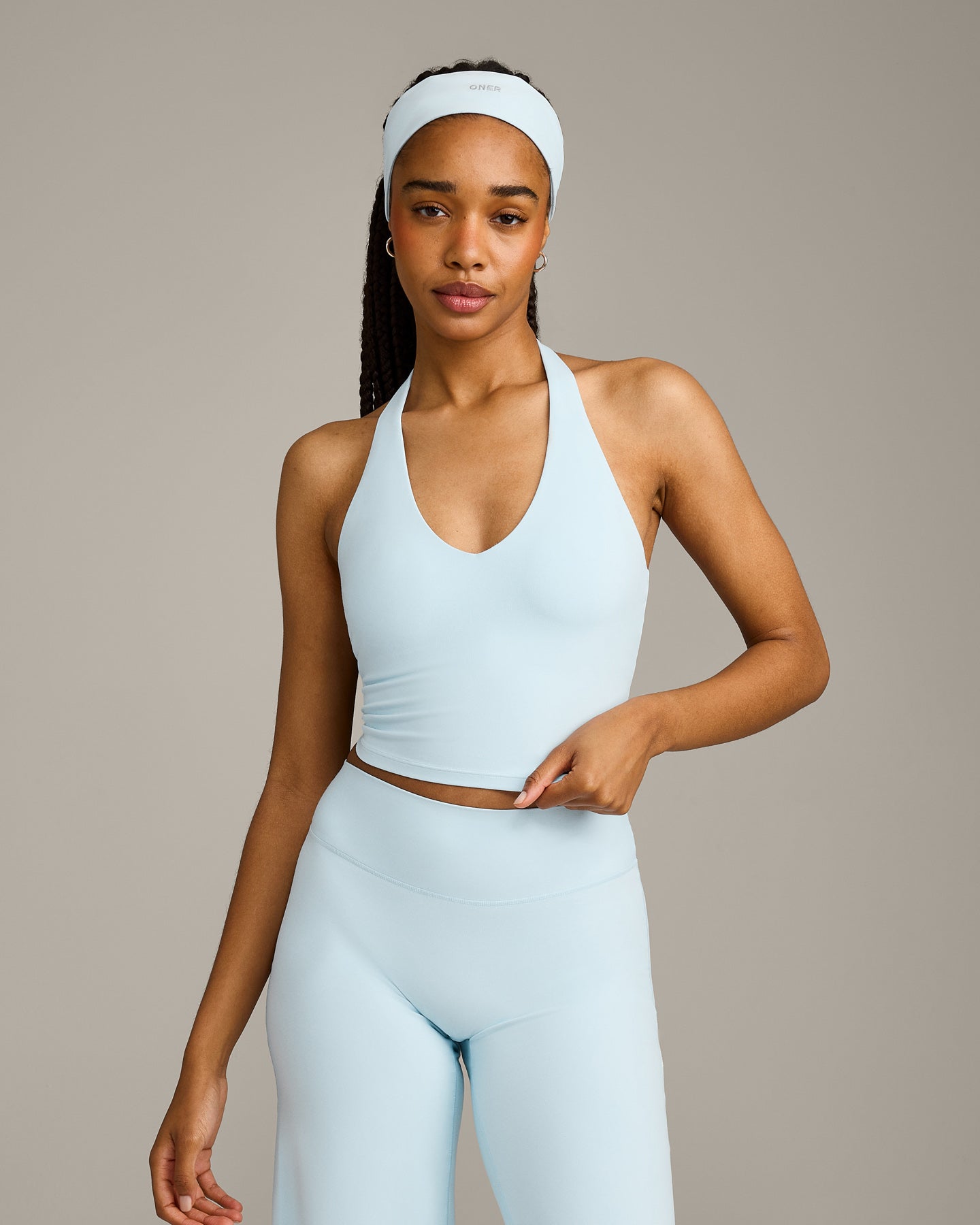 SoftMotion Halter Neck Mid Vest with Built in Bra Shelf with Grey Logo | Cloud Blue