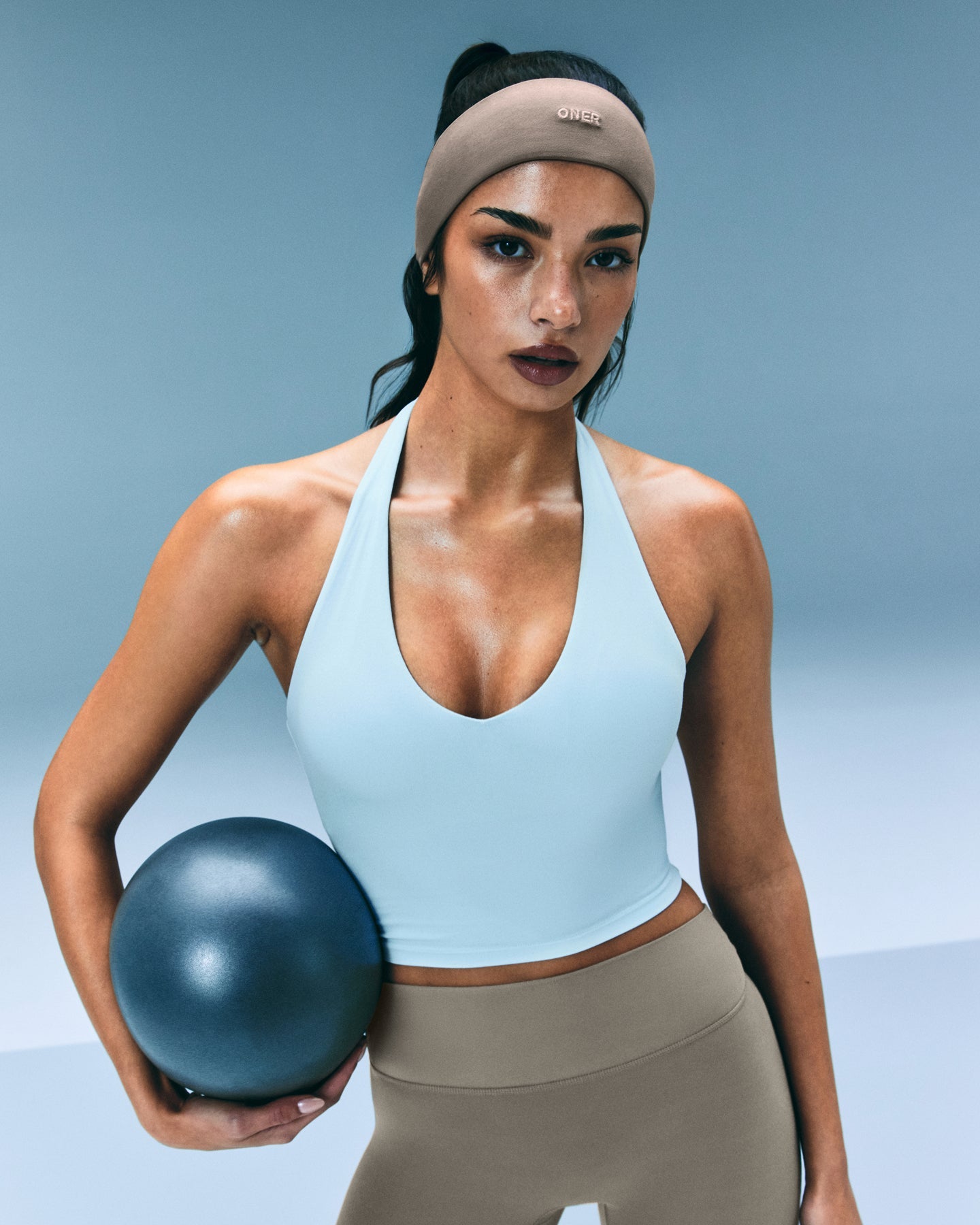 Alternative view of SoftMotion Halter Neck Mid Vest with Built in Bra Shelf with Grey Logo | Cloud Blue