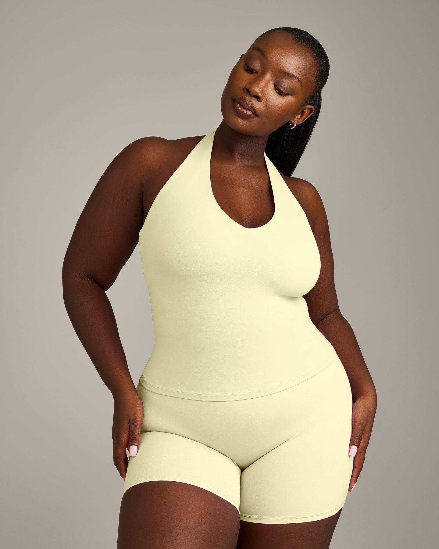 SoftMotion Halter Neck Vest with Built in Bra Shelf with Grey Logo | Pastel Yellow