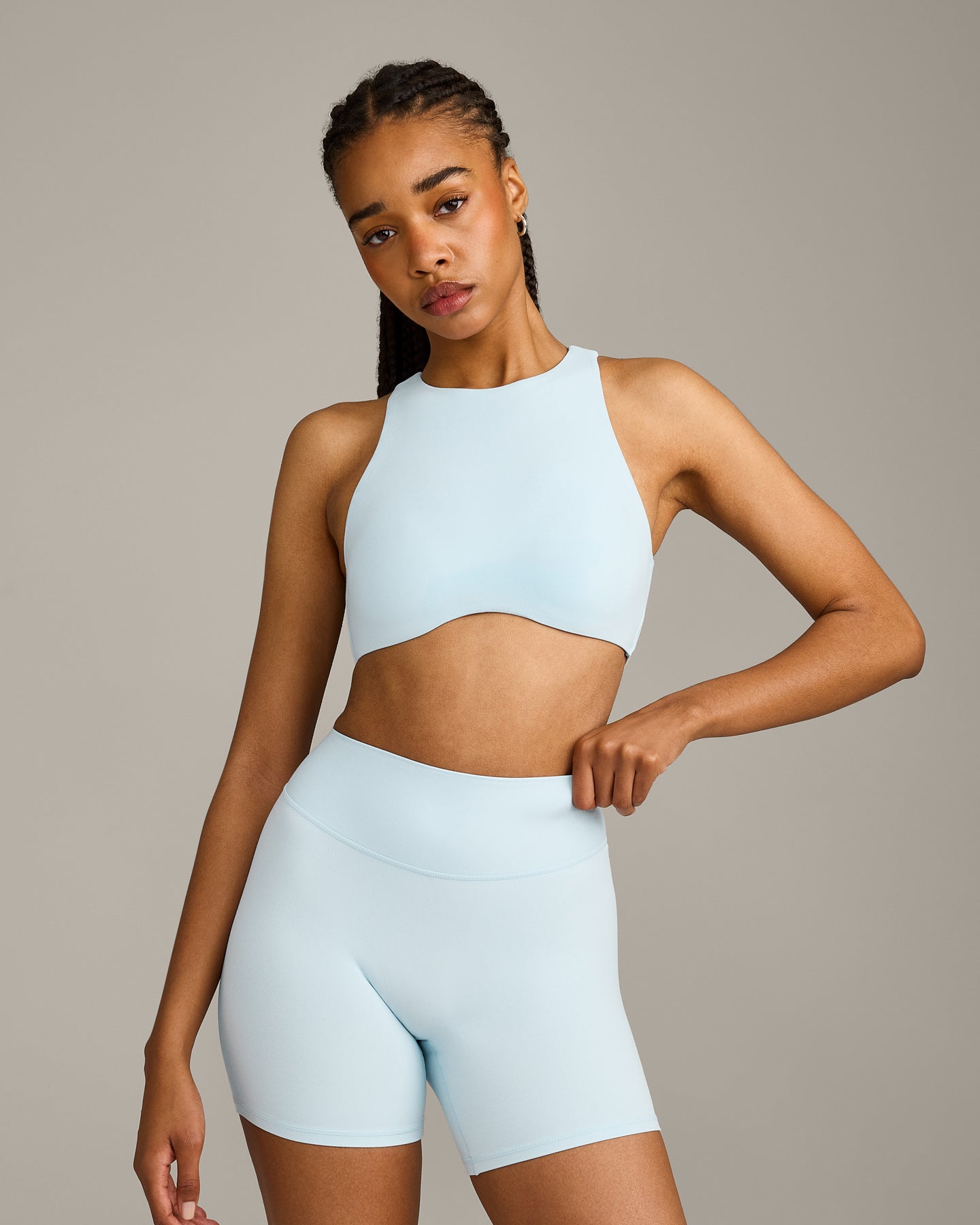 SoftMotion High Neck Sports Bra with Grey Logo | Cloud Blue