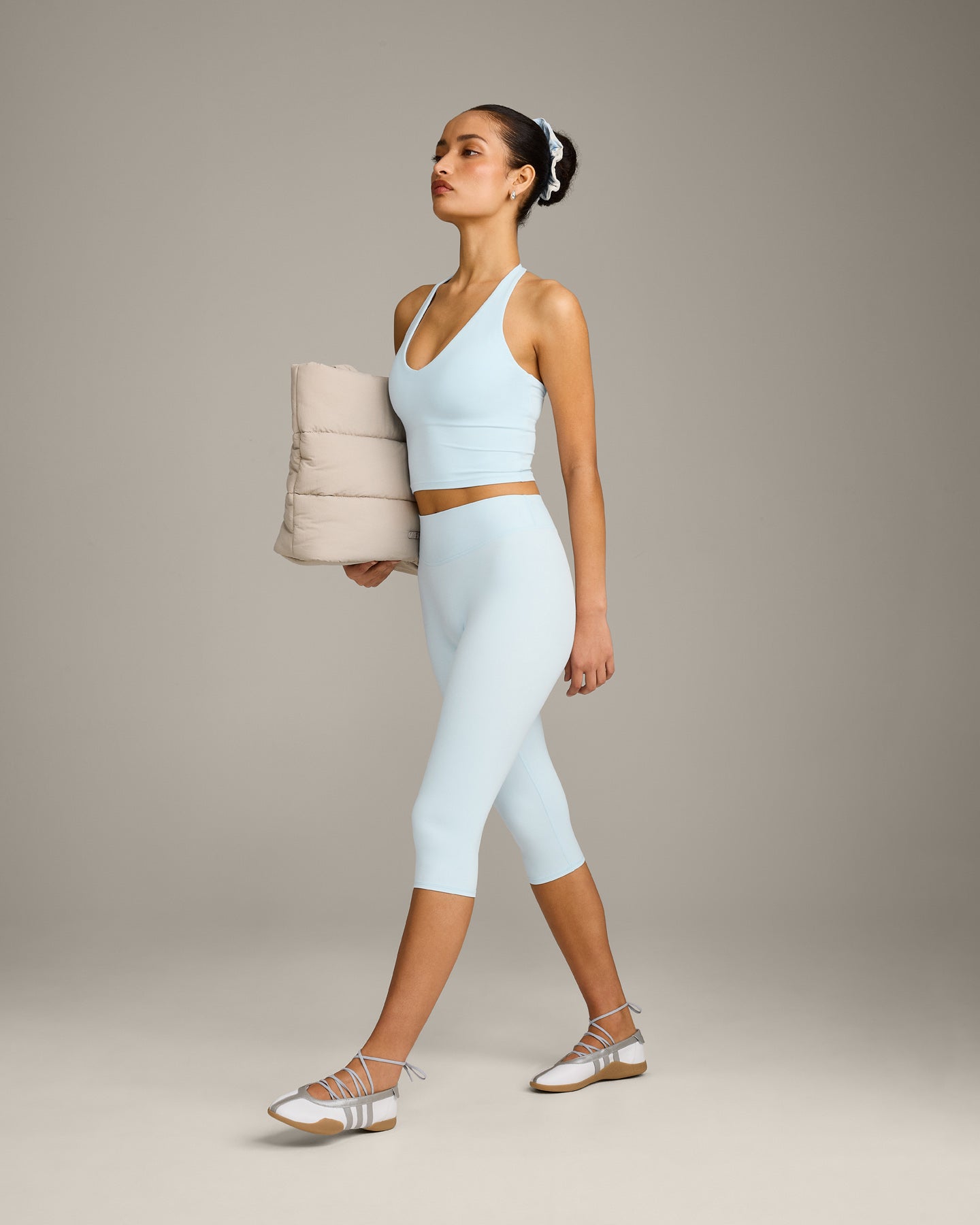 Alternative view of SoftMotion High Waisted Capri Leggings with Grey Logo | Cloud Blue