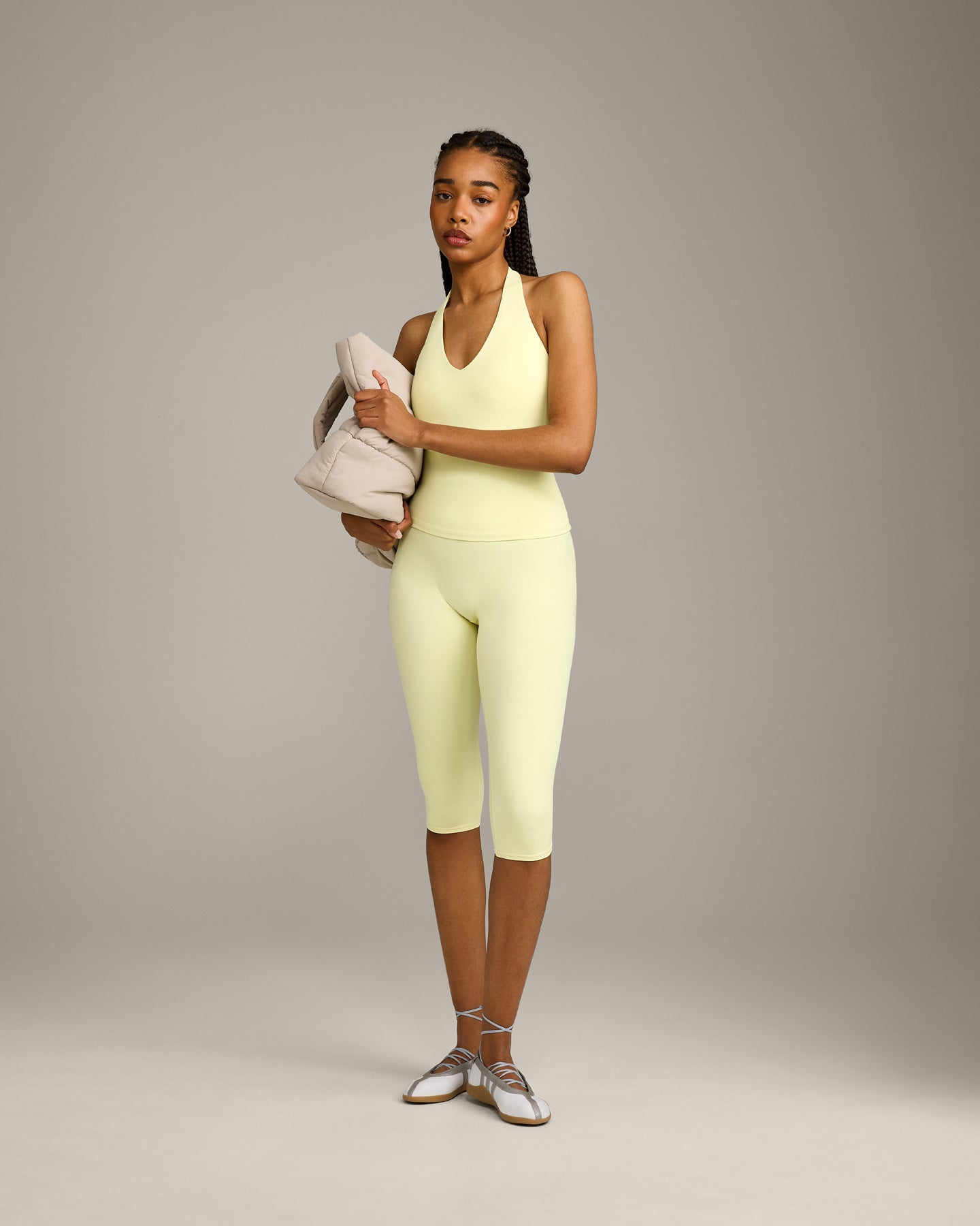 Alternative view of SoftMotion High Waisted Capri Leggings with Grey Logo | Pastel Yellow