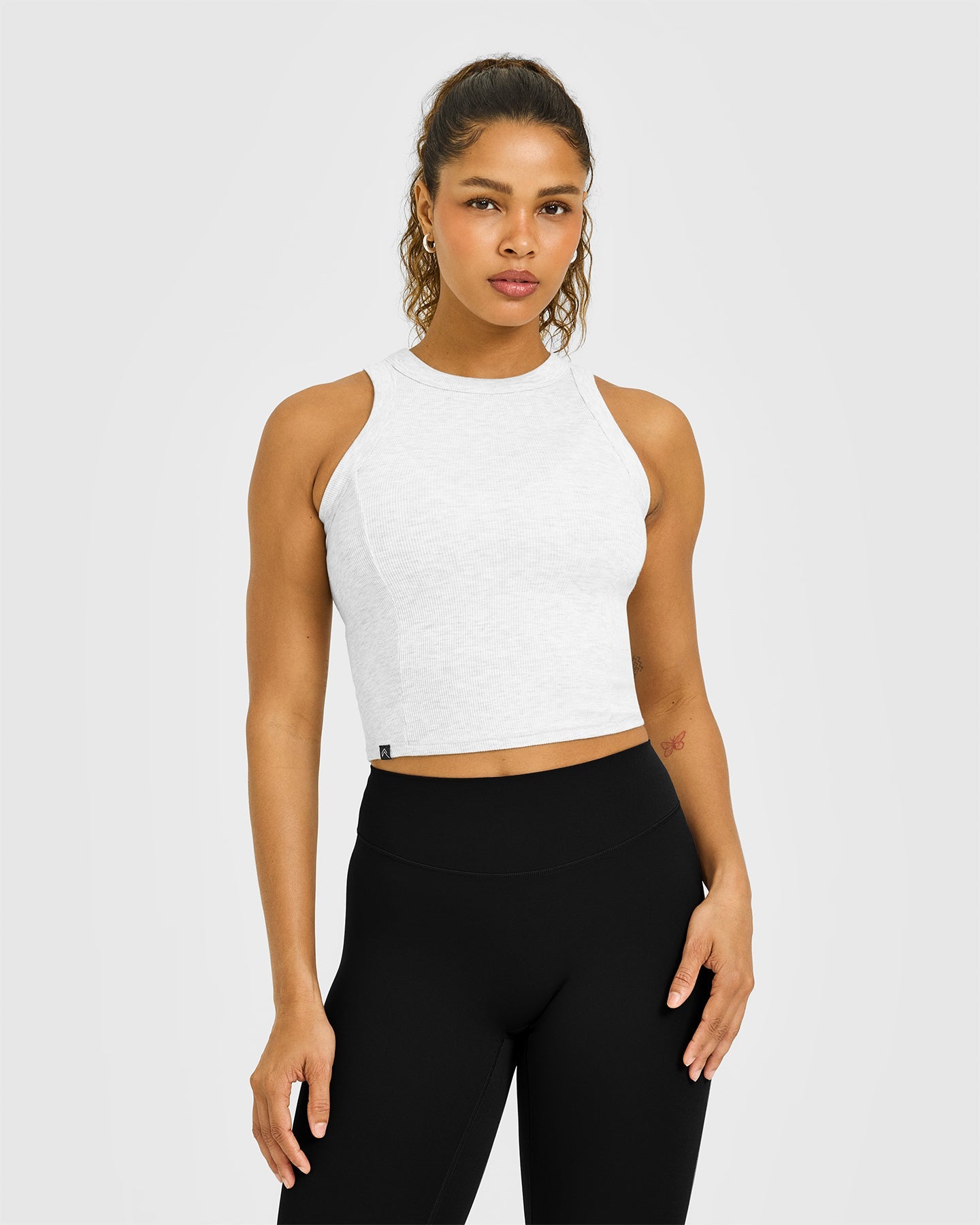 Mellow Rib High Neck Mid Tank Top | Light Grey Marl