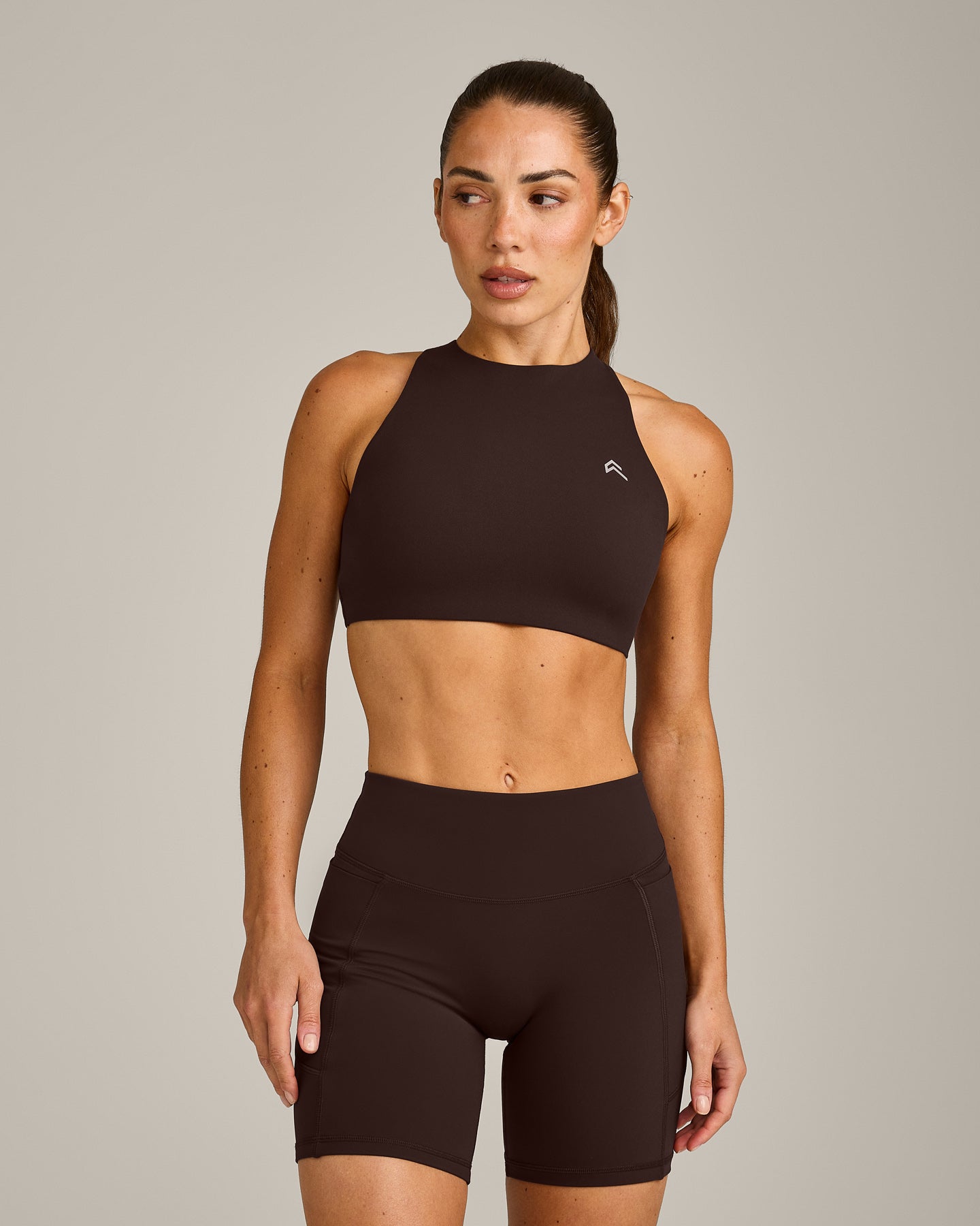 EasyLift High Neck Sports Bra with Grey Logo | 70% Cocoa
