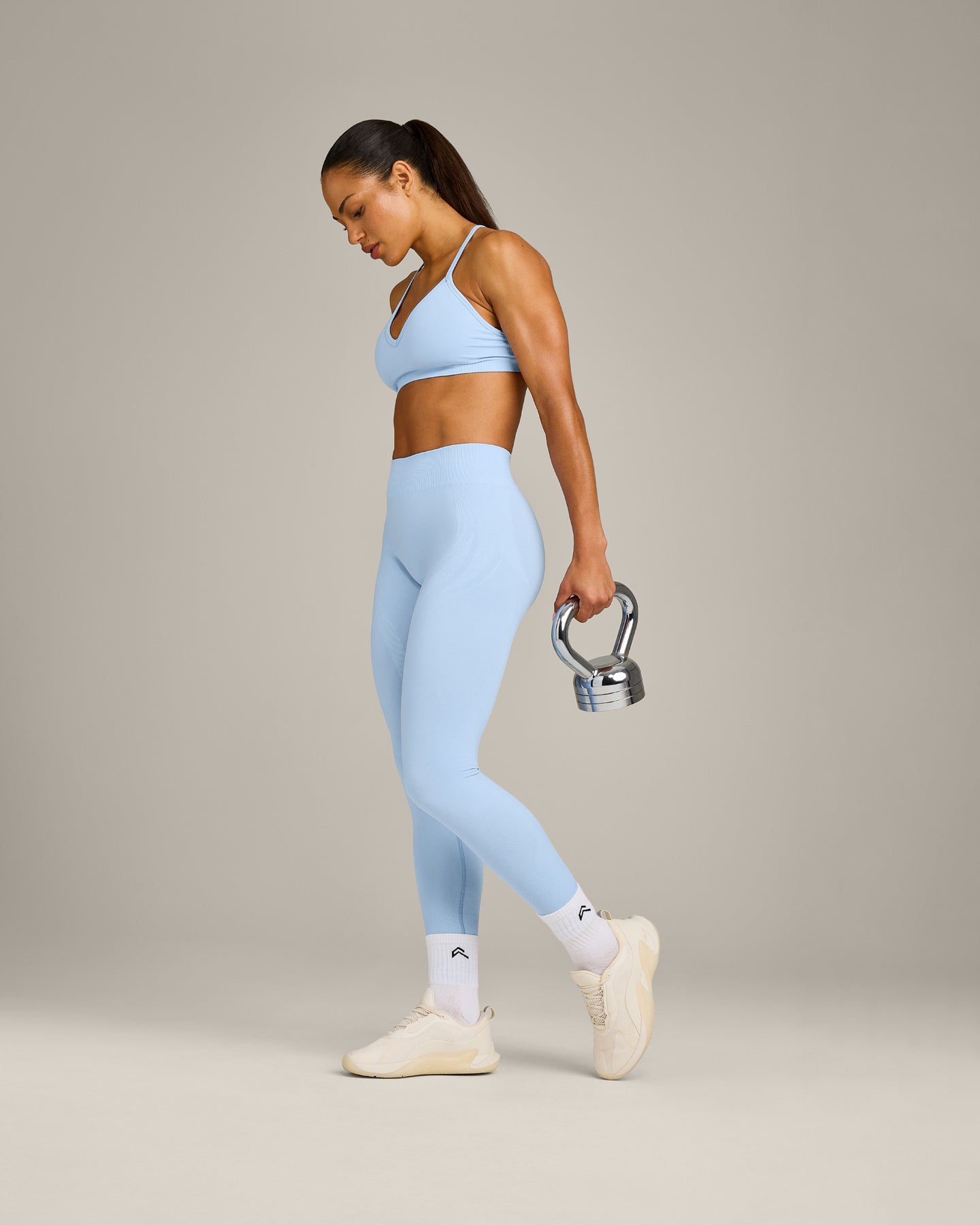 EnhanceLift Seamless Strappy Sports Bra with Grey Logo | Powdered Blue - Image 3