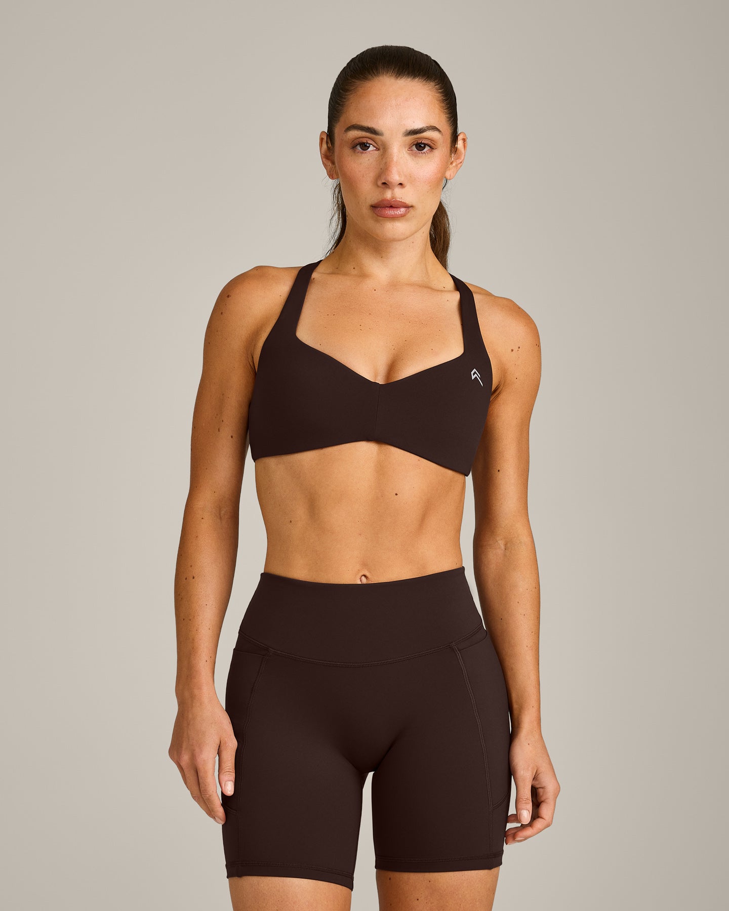 UnifiedMove T Back Minimal Bralette with Reflective Logo | 70% Cocoa