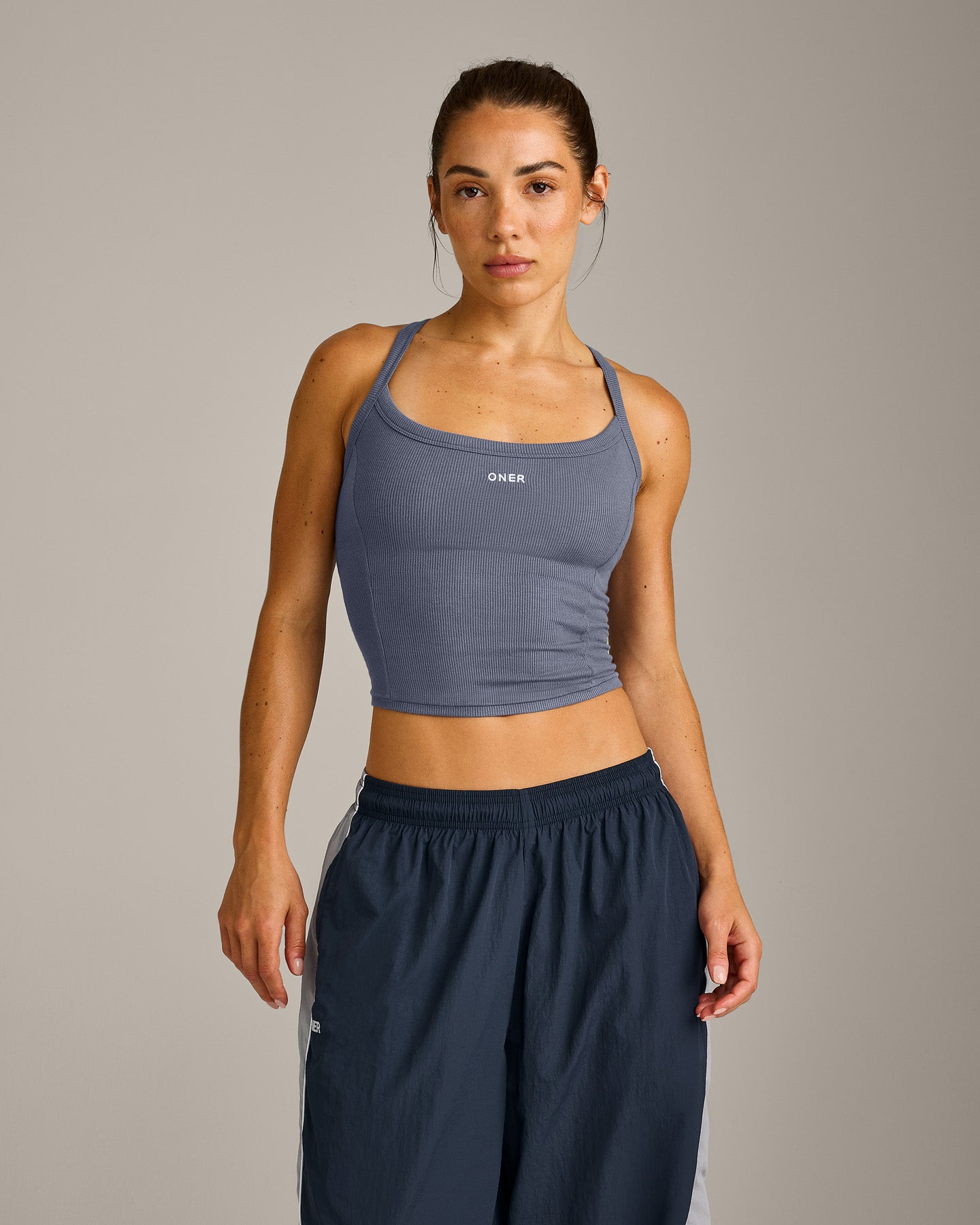 Mellow Rib Racer Back Mid Vest with Built in Bra Shelf | Granite Blue