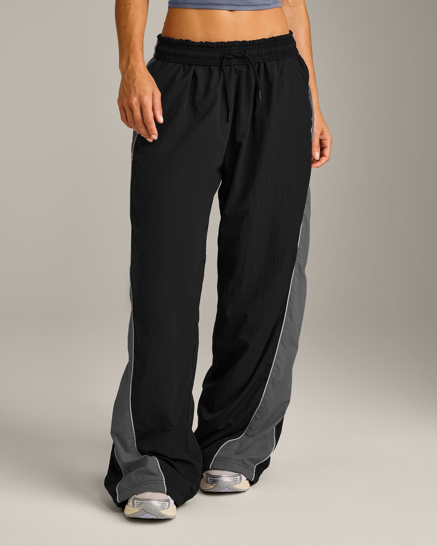 Oversized Contrast Piped Woven Straight Leg Track Bottoms | Black