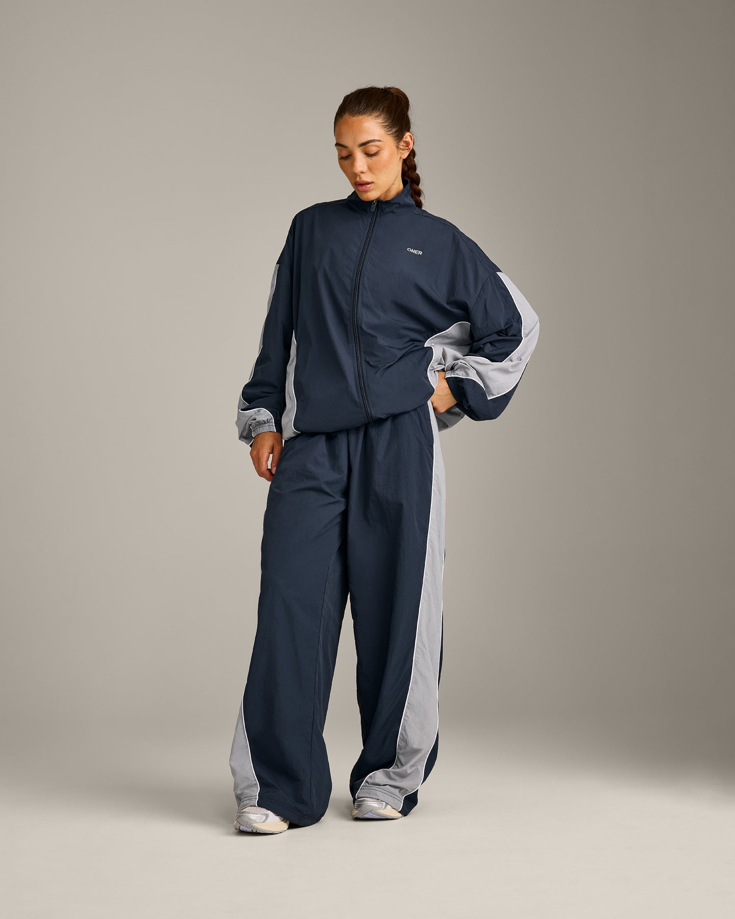 Alternative view of Oversized Contrast Piped Woven Straight Leg Track Bottoms | True Blue