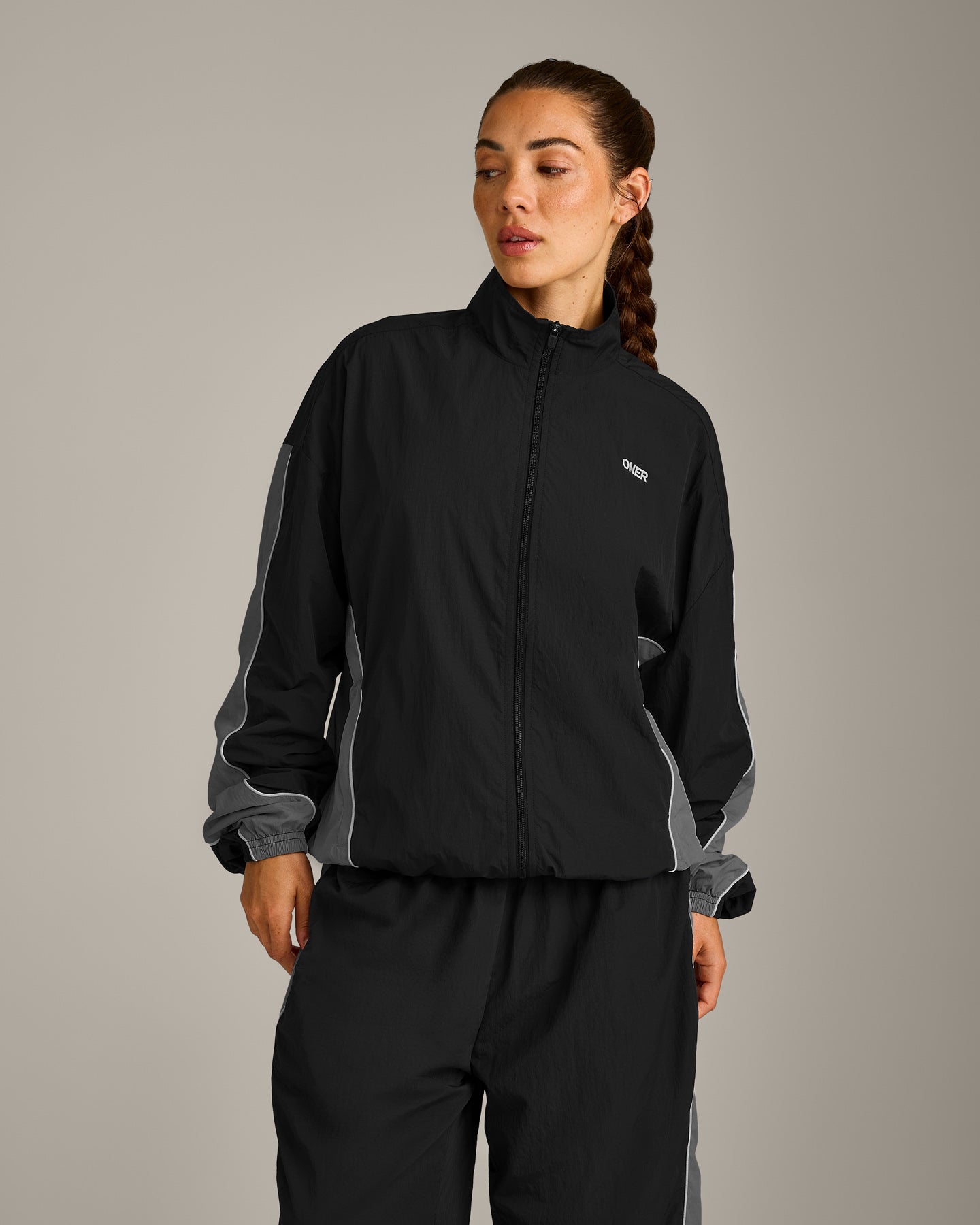 Oversized Contrast Piped Woven Track Jacket | Black