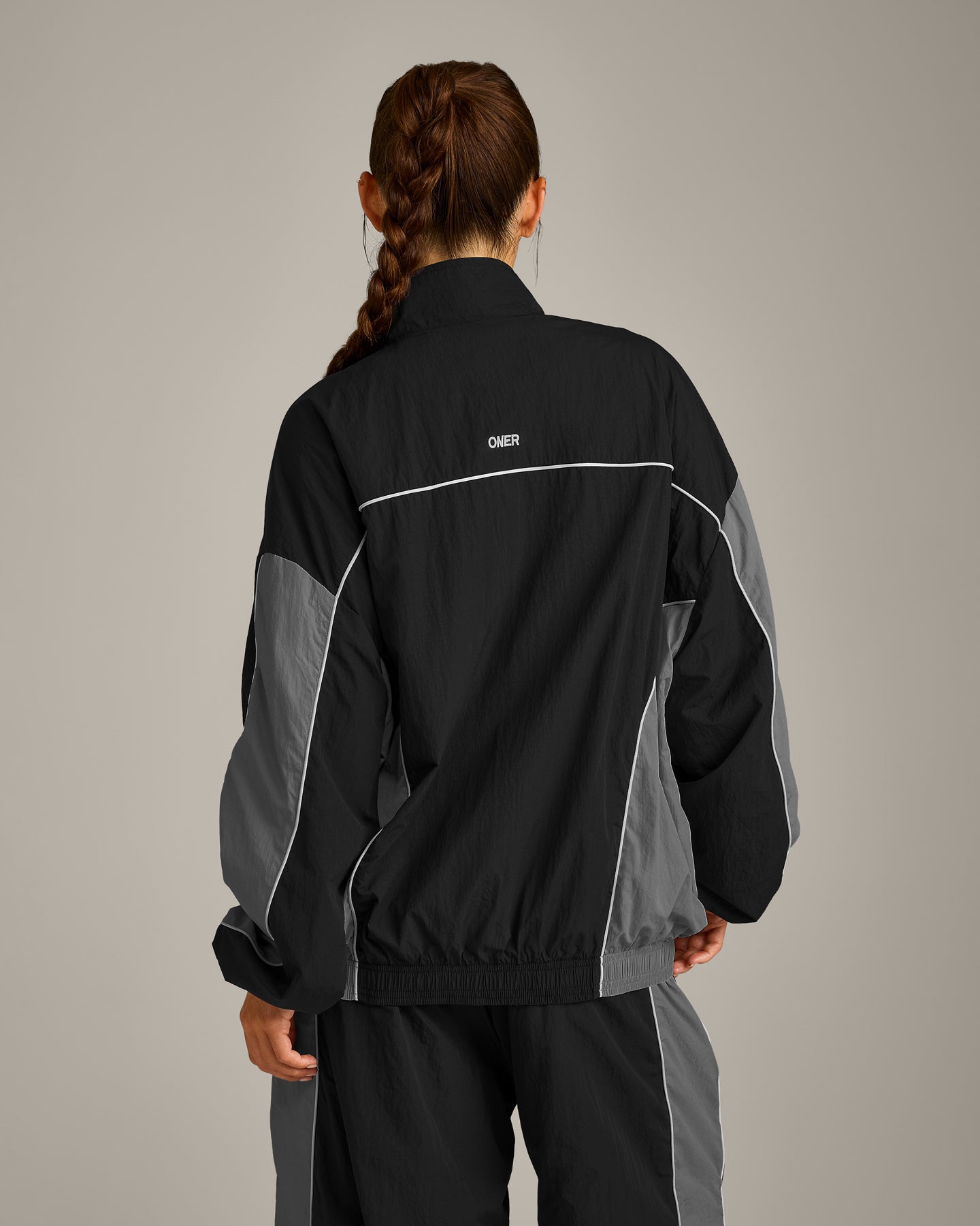 Alternative view of Oversized Contrast Piped Woven Track Jacket | Black