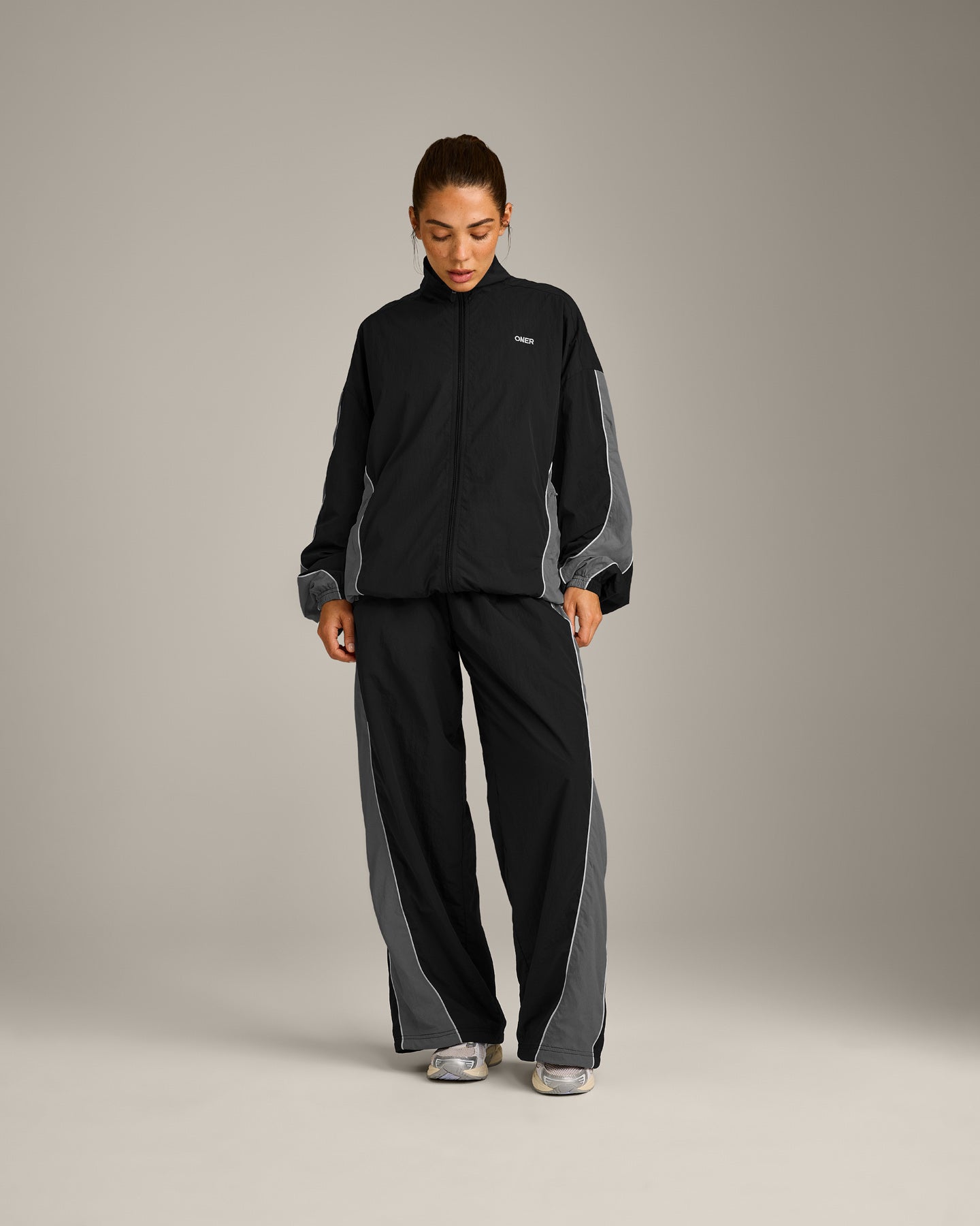 Oversized Contrast Piped Woven Track Jacket | Black - Image 3