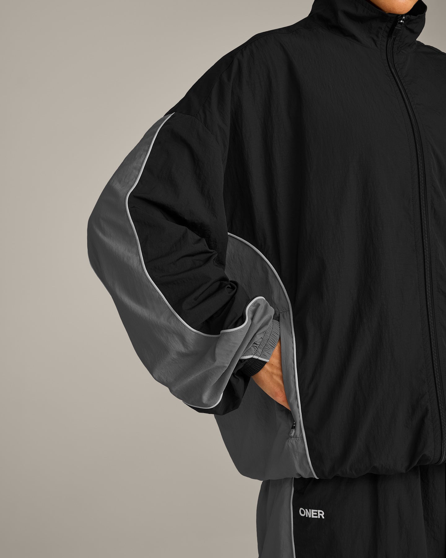 Oversized Contrast Piped Woven Track Jacket | Black - Image 5