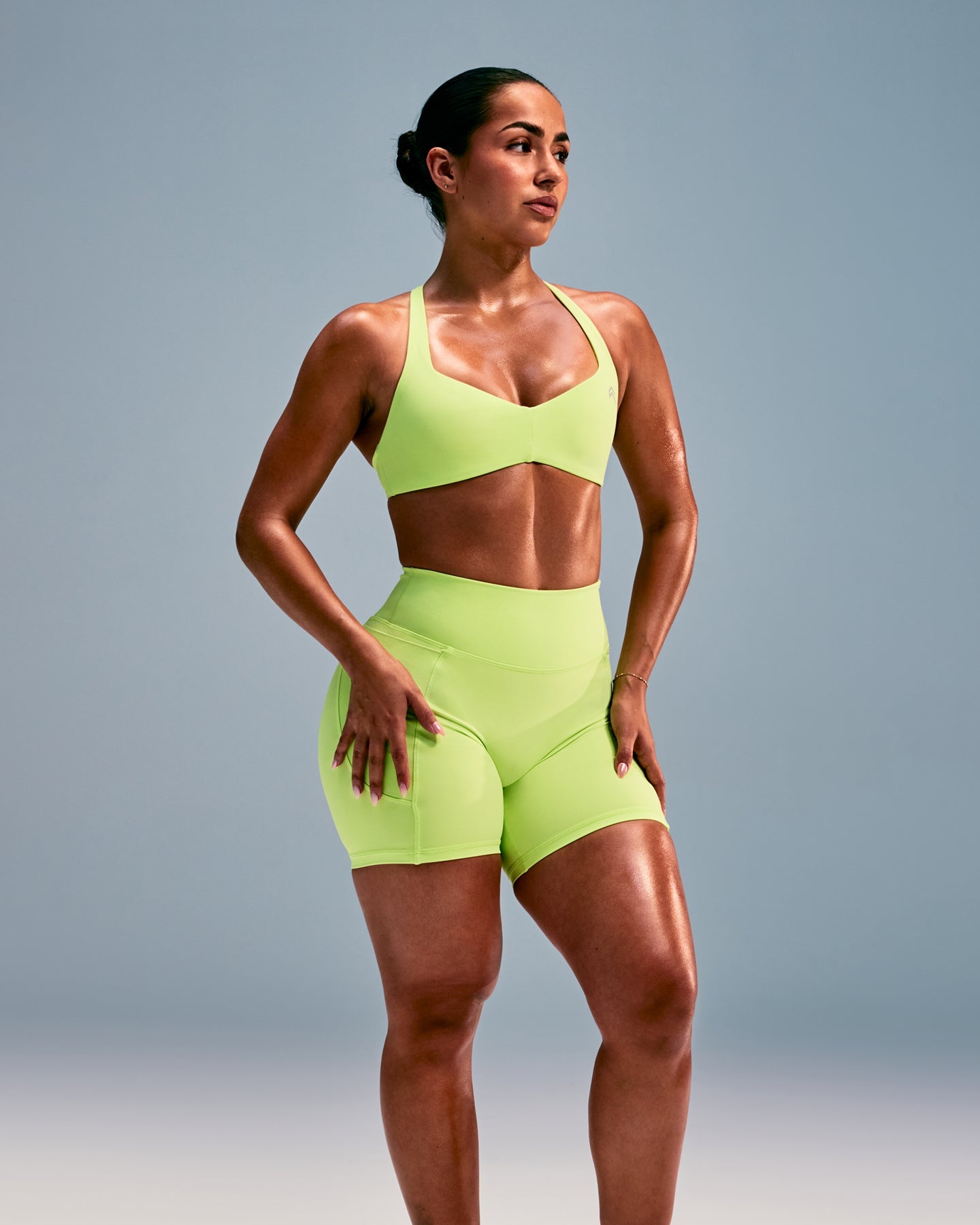 Alternative view of UnifiedMove T Back Minimal Bralette with Reflective Logo | Citrus Green