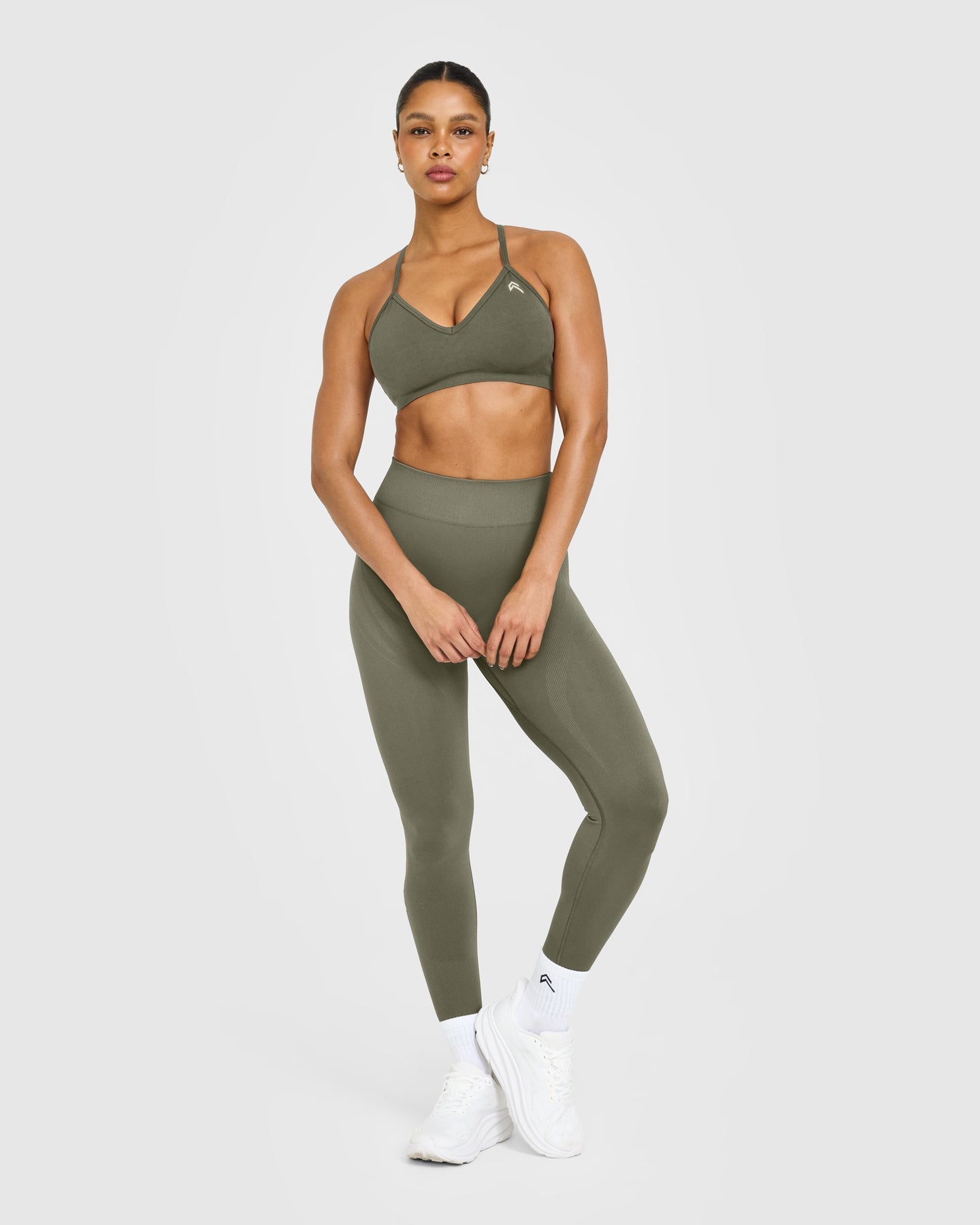 EnhanceLift Seamless Strappy Sports Bra with White Logo | Alpine Green - Image 3