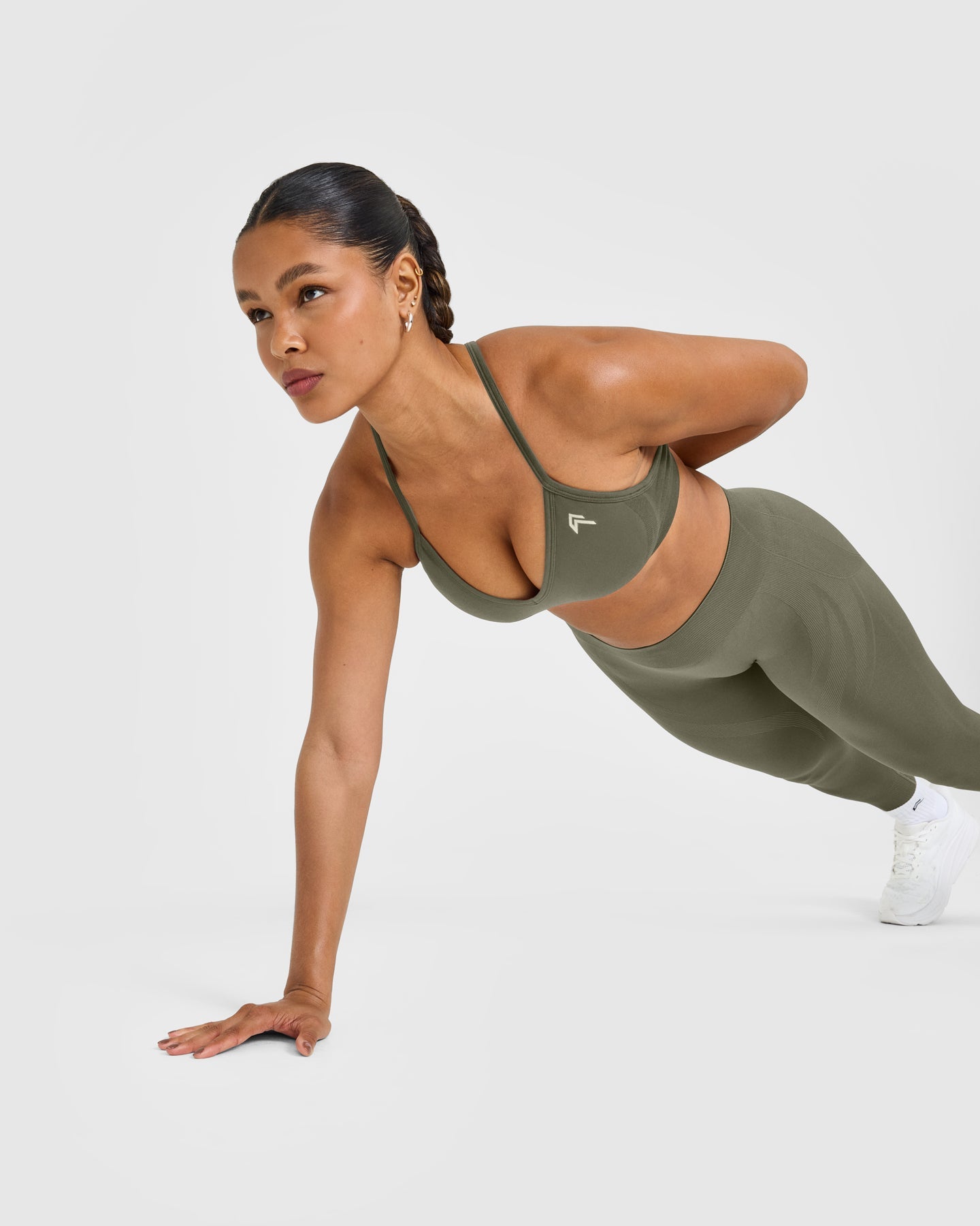 EnhanceLift Seamless Strappy Sports Bra with White Logo | Alpine Green - Image 6