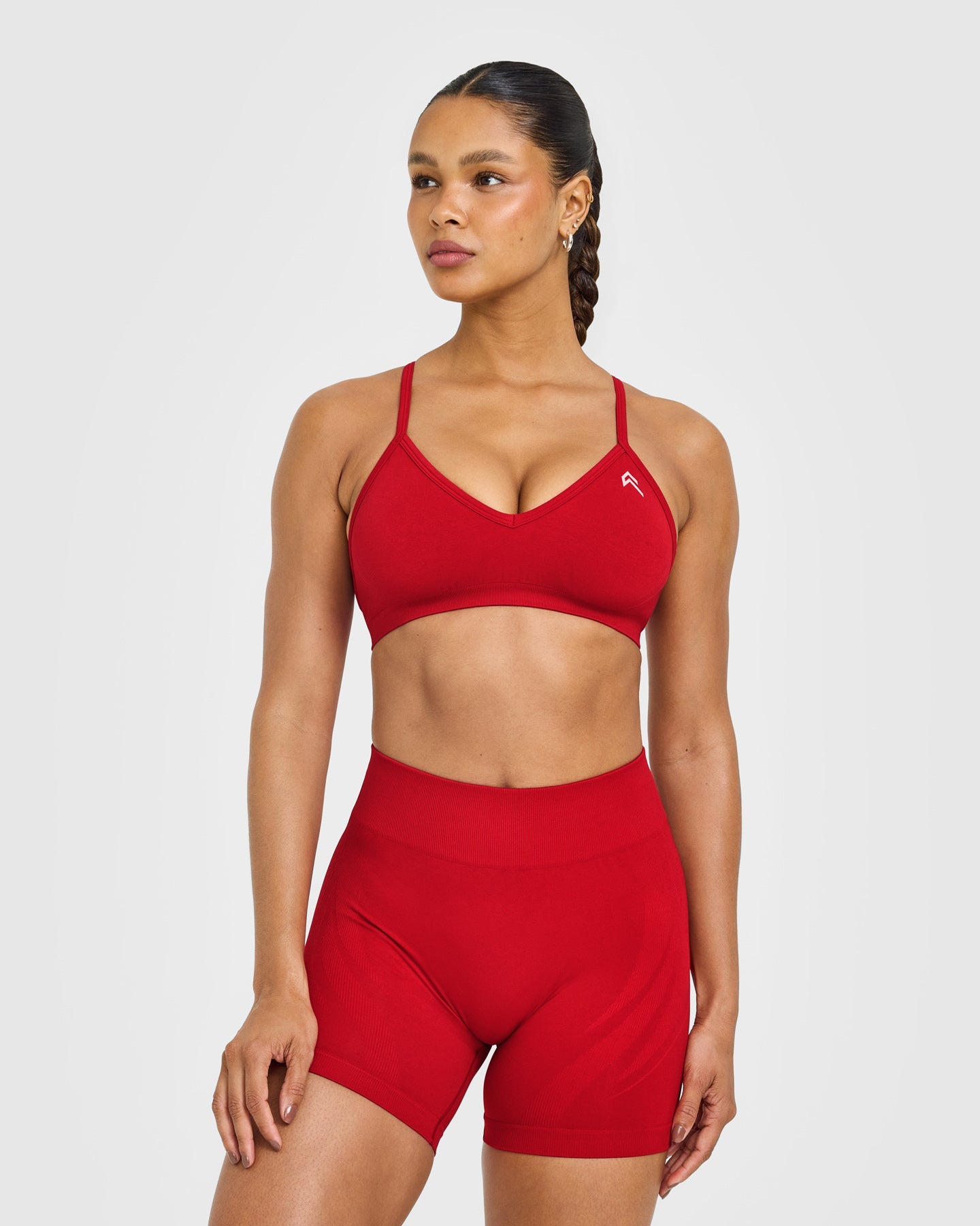 EnhanceLift Seamless Strappy Sports Bra with White Logo | Light Toasted Red