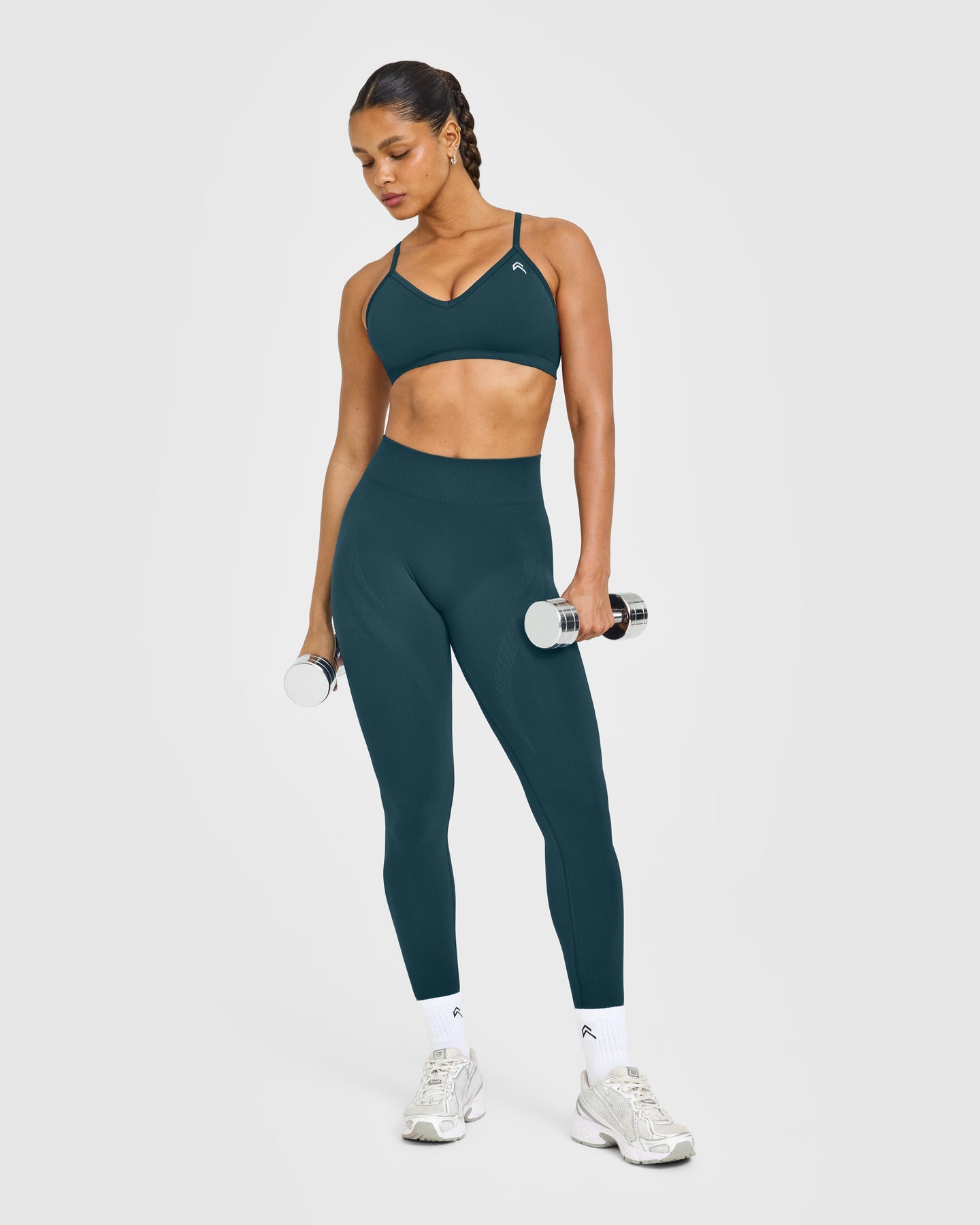 EnhanceLift Seamless Strappy Sports Bra with White Logo | Washed Oil Blue - Image 3