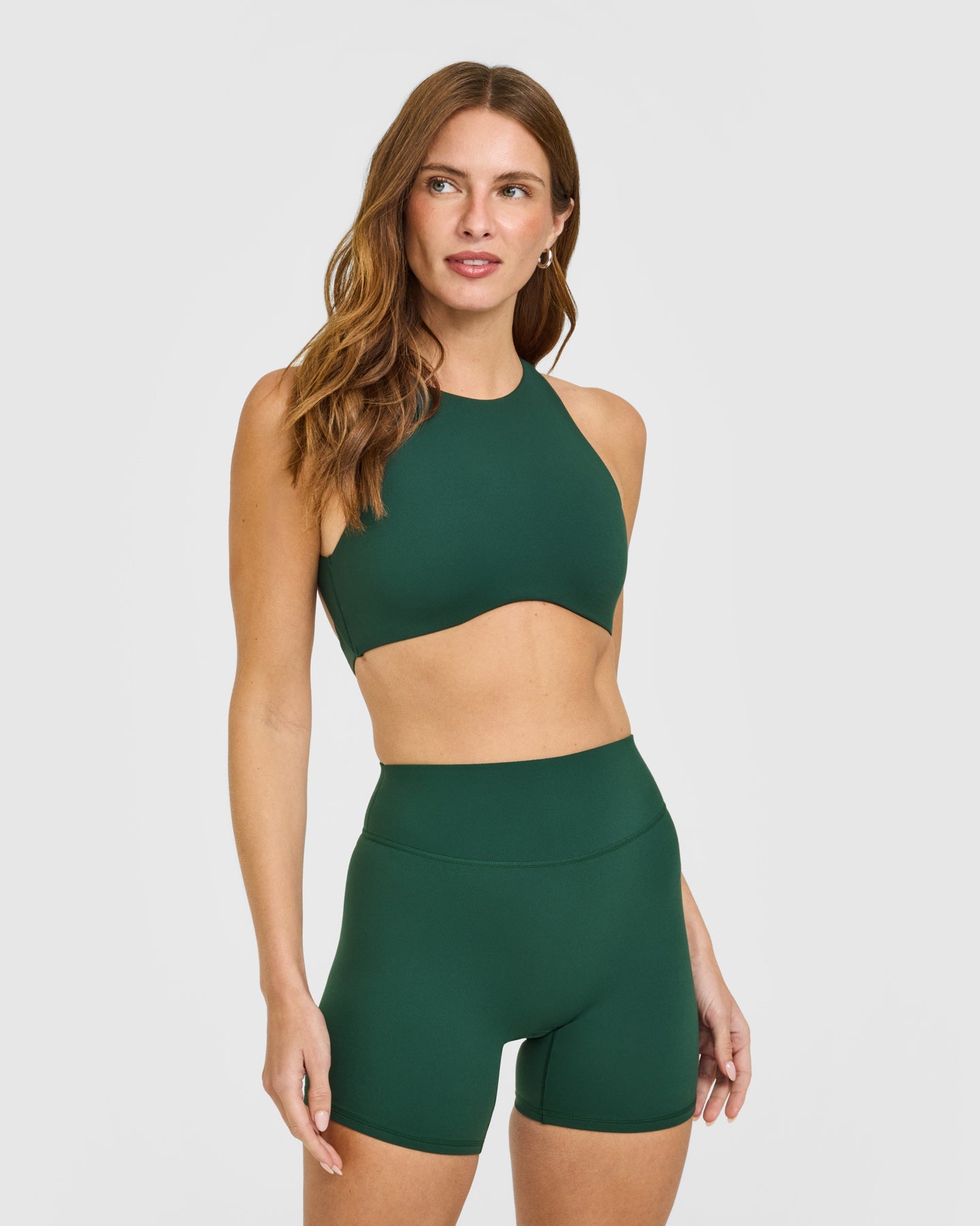 SoftMotion High Neck Sports Bra with White Logo | Dark Racing Green