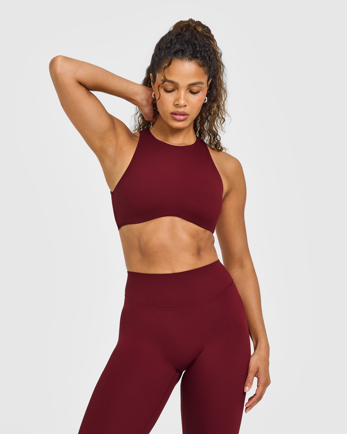 SoftMotion High Neck Sports Bra with White Logo | Light Rosewood