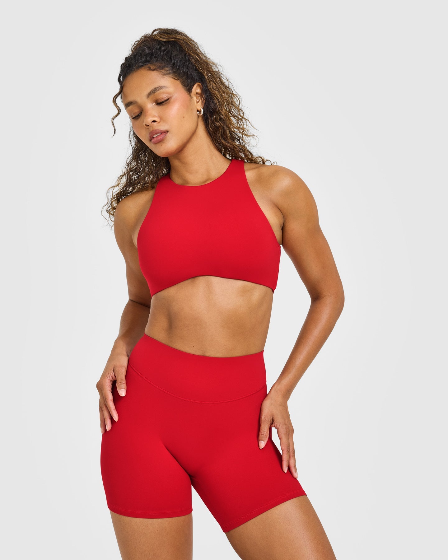 SoftMotion High Neck Sports Bra with White Logo | Light Toasted Red