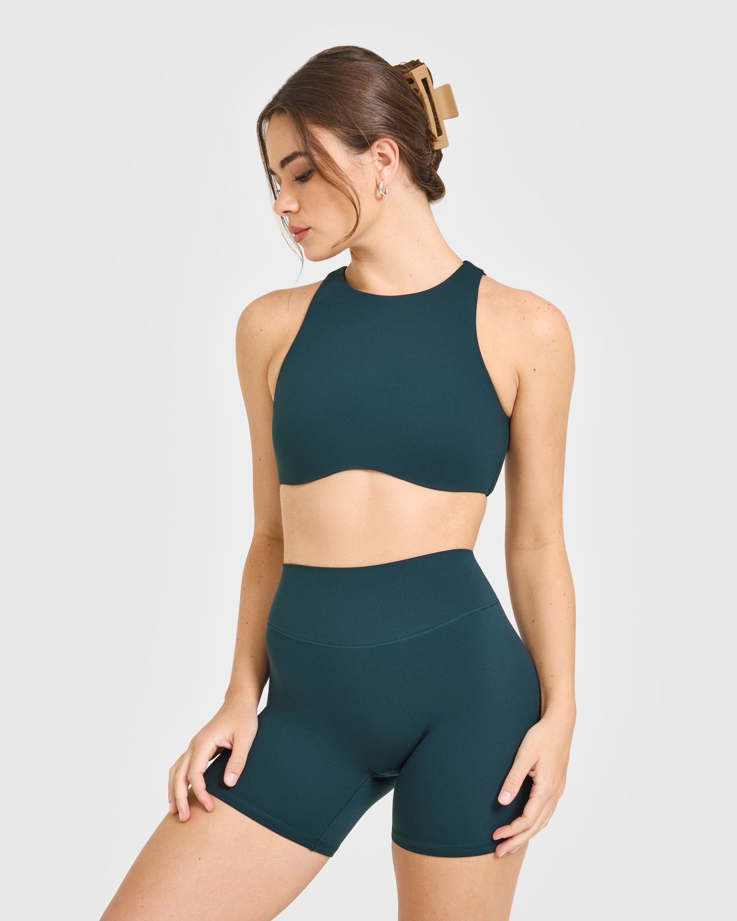 SoftMotion High Neck Sports Bra with White Logo | Oil Blue