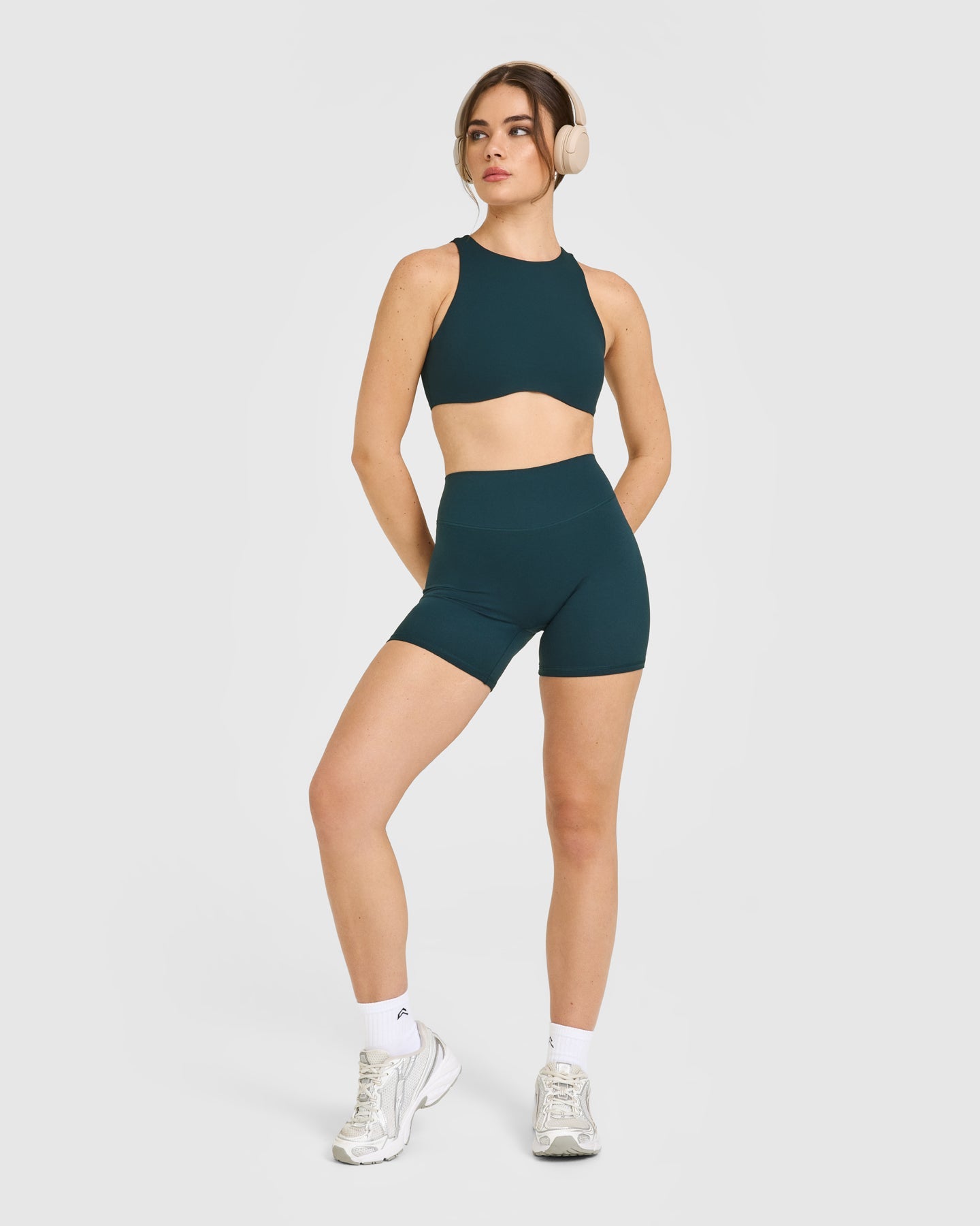 SoftMotion High Neck Sports Bra with White Logo | Oil Blue - Image 3