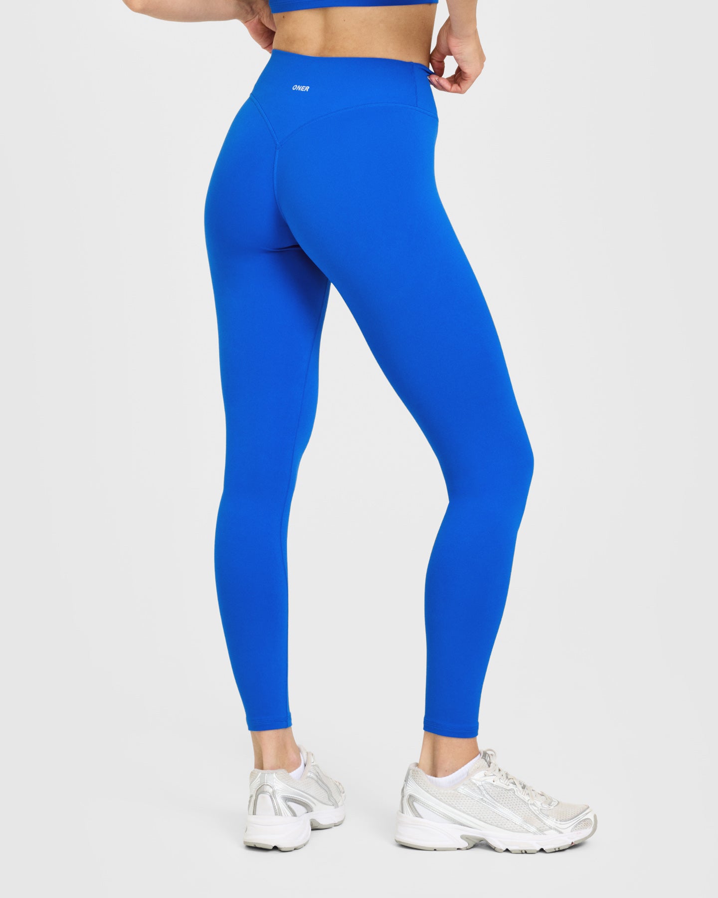 SoftMotion High Waisted Leggings with White Logo | Light Cobalt Blue