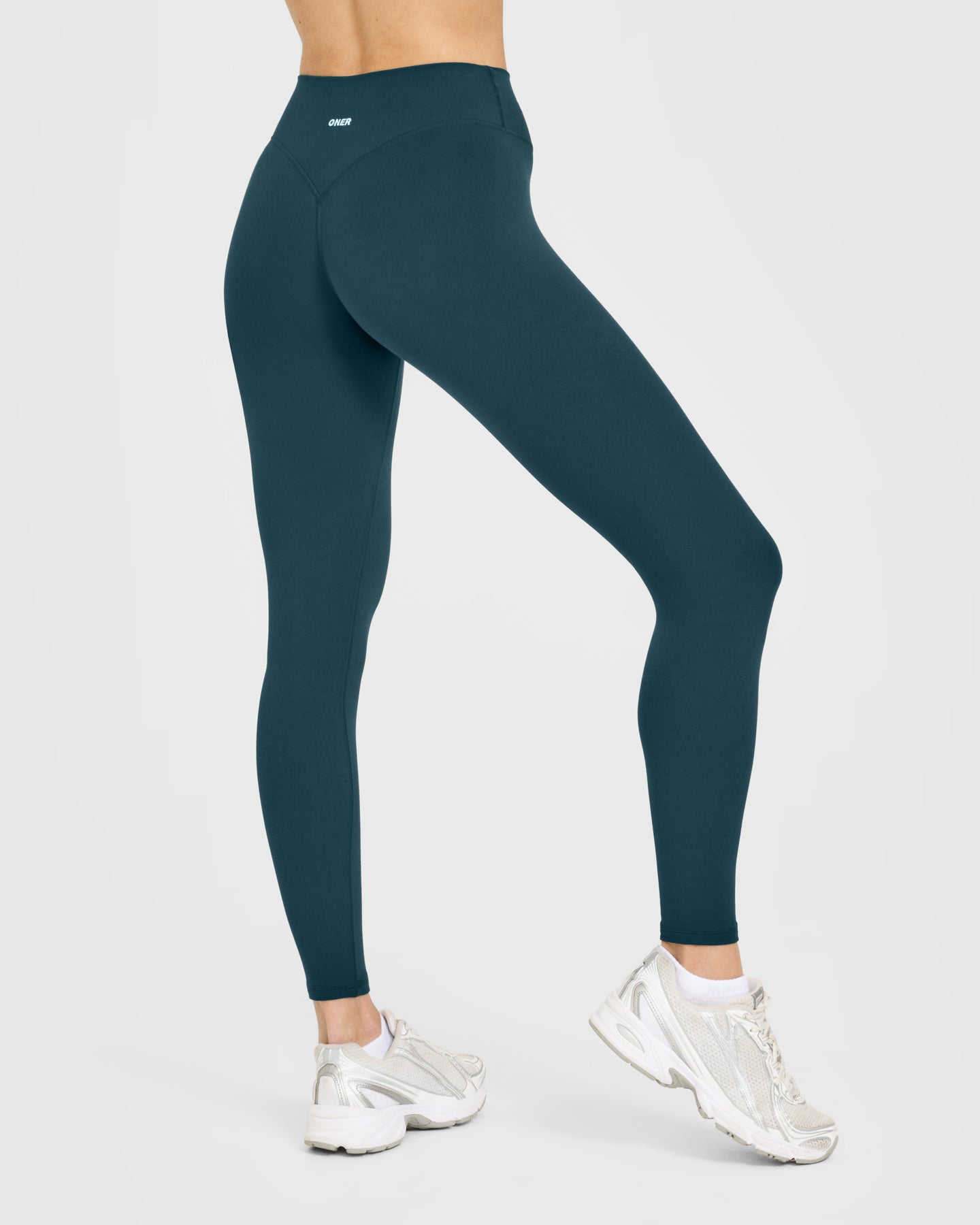 SoftMotion High Waisted Leggings with White Logo | Oil Blue