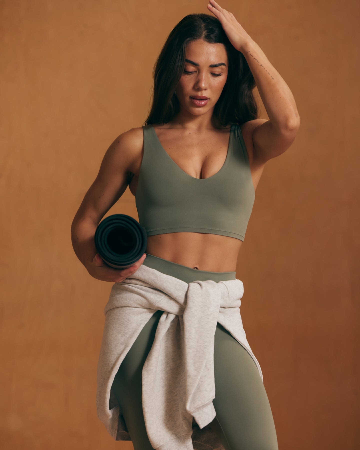 Alternative view of SoftMotion Longline Sports Bra with White Logo | Alpine Green