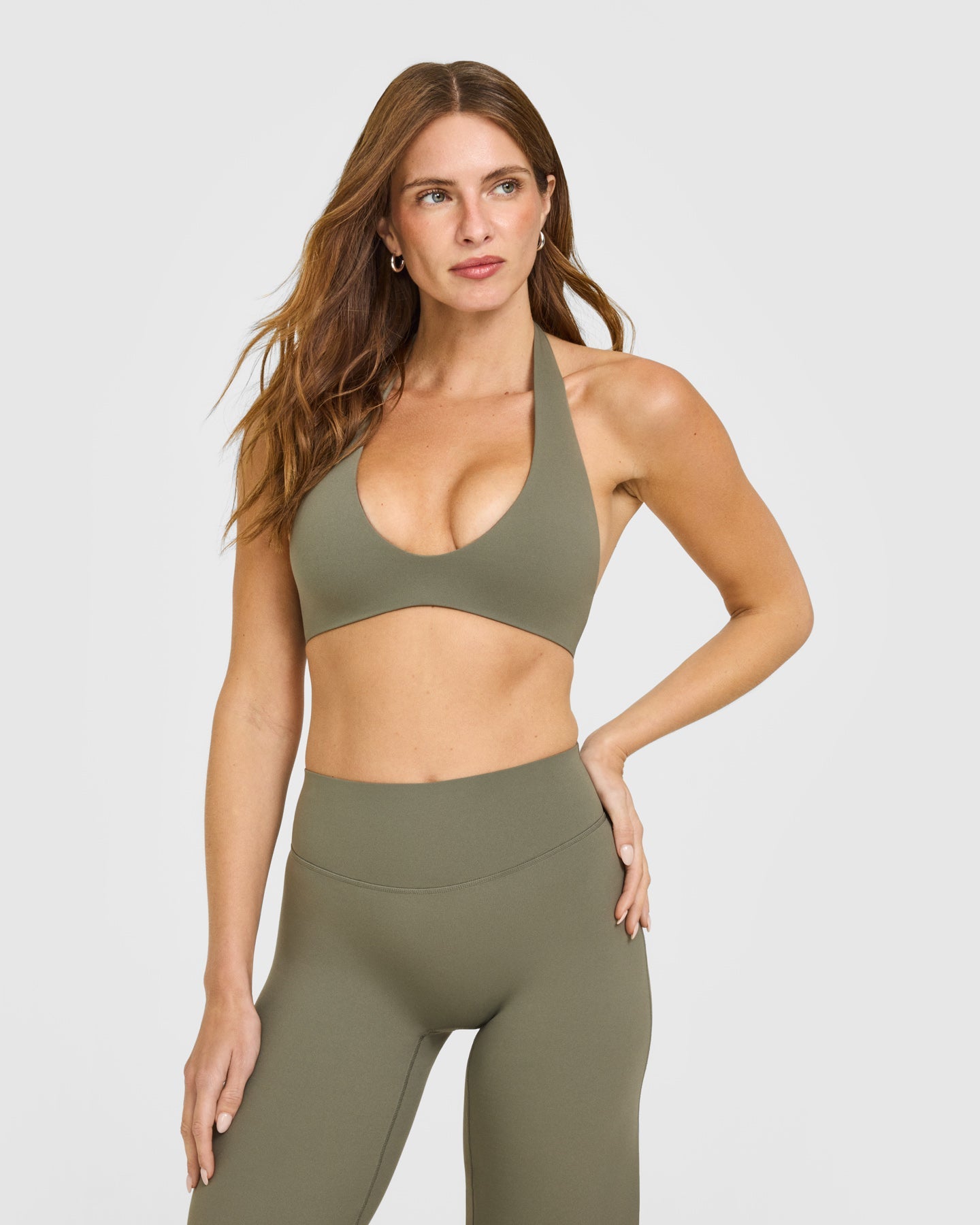 SoftMotion Minimal Halter Neck Bralette with White Logo | Alpine Green