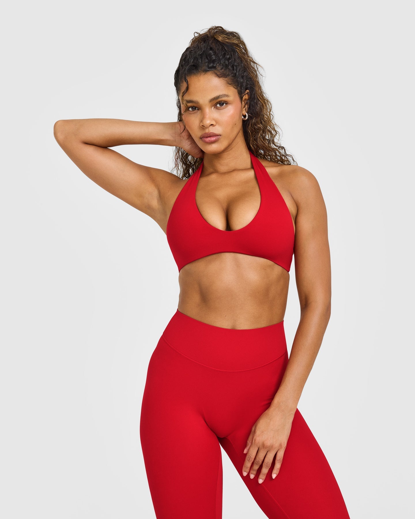 SoftMotion Minimal Halter Neck Bralette with White Logo | Light Toasted Red