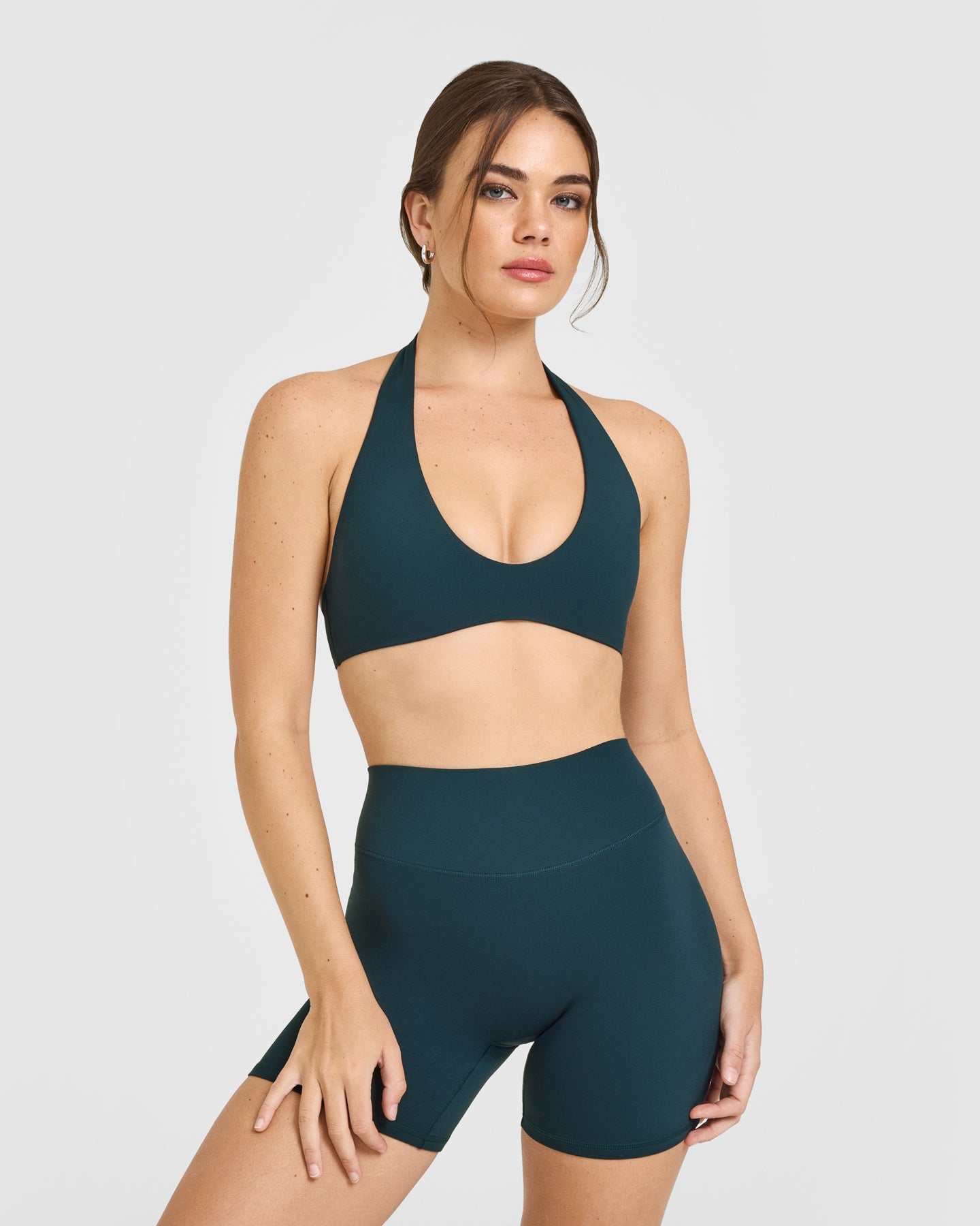 SoftMotion Minimal Halter Neck Bralette with White Logo | Oil Blue
