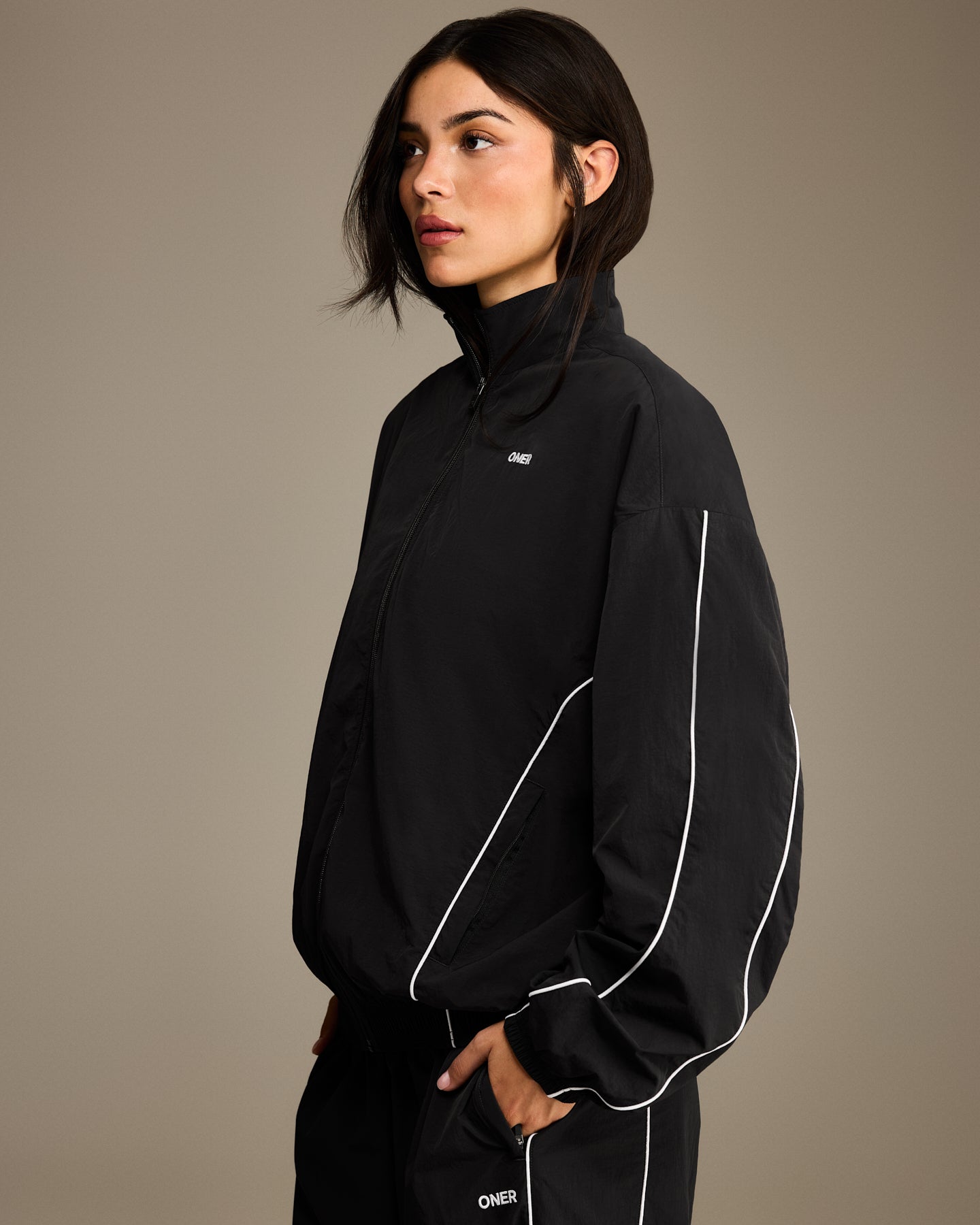 Oversized Piped Woven Track Jacket | Soft Black - Image 2